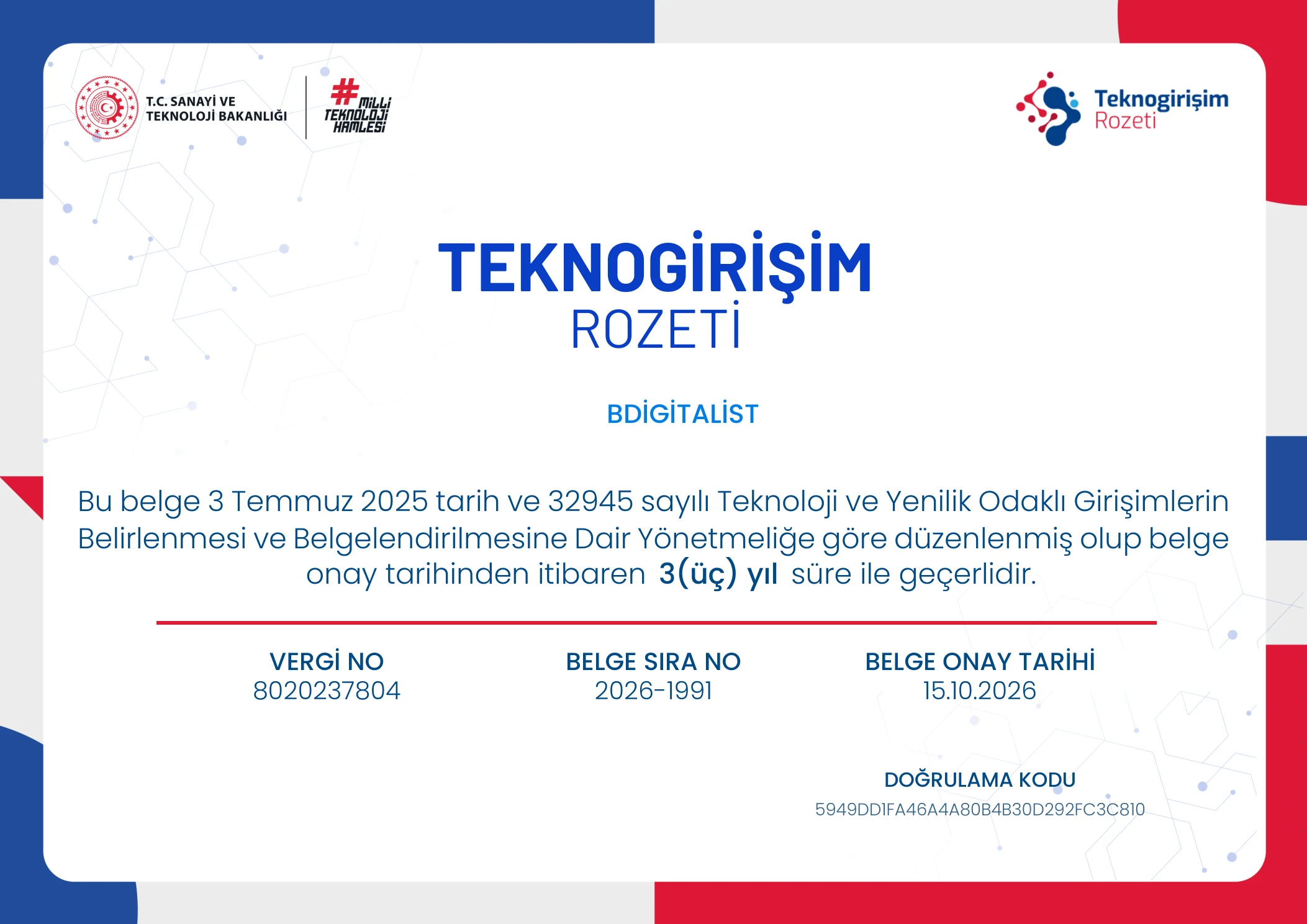 Bdigitalist Teknogirişim Rozeti sertifikası, T.C. Sanayi ve Teknoloji Bakanlığı